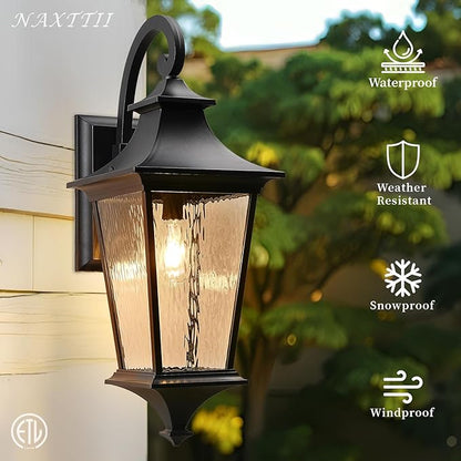 Black Outdoor Wall Light Fixtures 29.3 Inch Large Aluminum Outside Wall Lantern with Water Ripple Glass Waterproof Wall Sconce Porch Lights for Patio Doorway E26 Socket