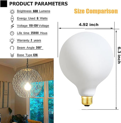 Leools Globe Light Bulbs 60 Watt Replacement for Decorative,Matt White,E26 Dimmable Warm White Large G40(G125) 6Watt(60Watt Equivalent) LED Bulb,CRI95,2700K,1Pack