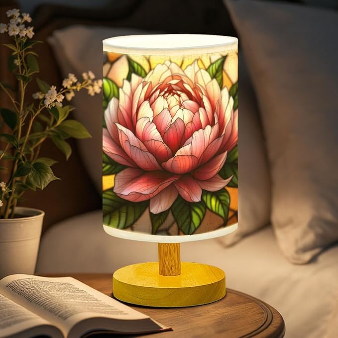 Peony Table Lamp LED 3-Color Pressed Bedside, Peony Shade Lamp with Wood Base for Bedroom Living Room Desk Office TL01