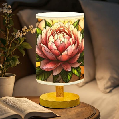 Peony Table Lamp LED 3-Color Pressed Bedside, Peony Shade Lamp with Wood Base for Bedroom Living Room Desk Office TL01