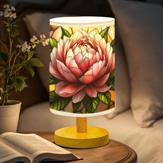 Peony Table Lamp LED 3-Color Pressed Bedside, Peony Shade Lamp with Wood Base for Bedroom Living Room Desk Office TL01