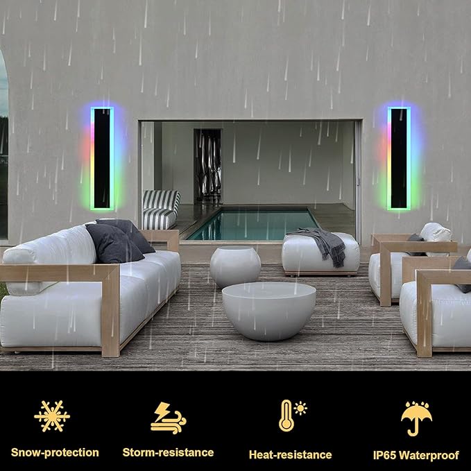 BONLICHT 1 Pack 24in LED Outdoor Wall Lights Modern Black Long Outdoor RGB Wall Sconce IP65 Waterproof Linear Outside Exterior Lighting Fixture for Porch Patio Garden House (Remote Control Included)