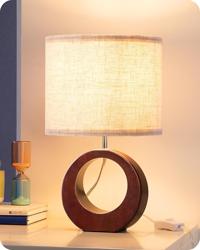 EDISHINE 13.4" Wood Table Lamp, Small Bedside Lamp with Beige Linen Lampshade & ON-Off Switch, E26 Base, Modern Nightstand Lamp for Living Room, Bedroom, Dark Walnut