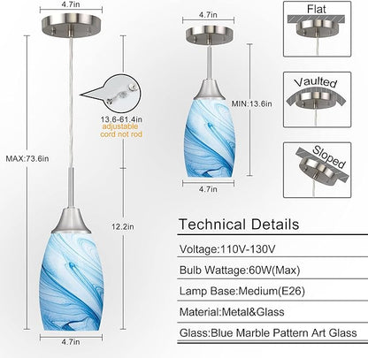 Mini Glass Pendant Light with Handblown Blue Marble Art Glass Shade Adjustable Cord Modern Oval Lamp Ceiling Pendant Light Fixture for Dining Room, kitchen,Foyer, Hallway, Brushed Nickel Finish 3 Pack