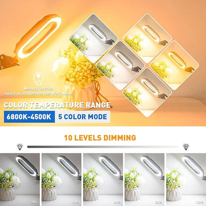 12X Ultra Long 3-Section Swing Arm Lighted Magnifier Lamp, NUEYiO 5.3* 3.2" Square Large Magnifying Glass with Light and Stand, 5 Color Mode, 4-way Metal Clamp Hands-Free Craft Lamp for Sewing Repair