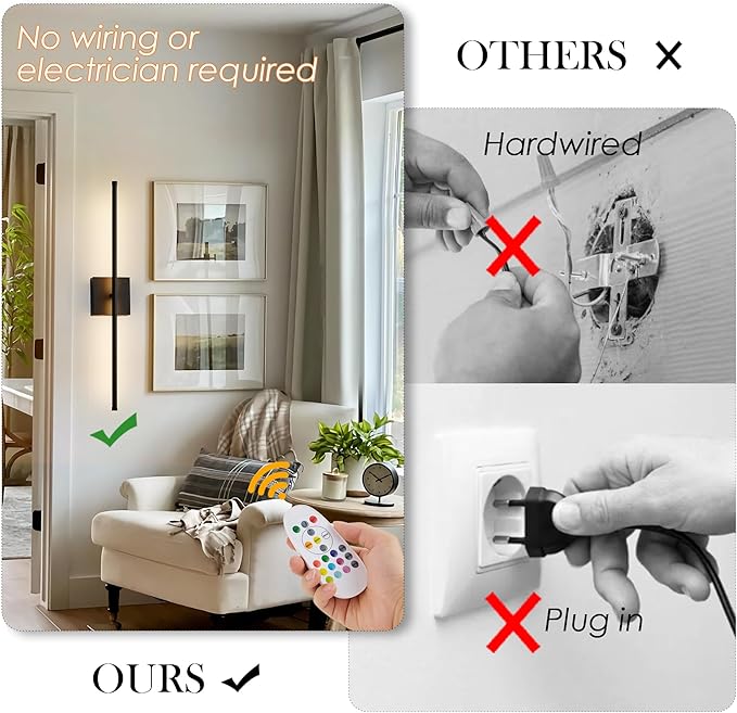 24.4 Inch 9 RGB Color Battery Operated Wireless Wall Sconces Set of Two, with Remote, Dimmable, Warm/Natural White/Daylight, Rotatable, LED Wall Light for Living Room, Bedroom, Black