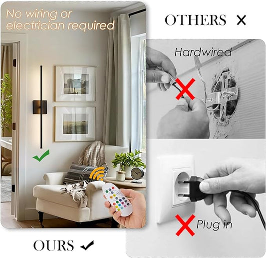 24.4 Inch 9 RGB Color Battery Operated Wireless Wall Sconces Set of Two, with Remote, Dimmable, Warm/Natural White/Daylight, Rotatable, LED Wall Light for Living Room, Bedroom, Black