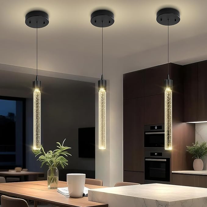 Modern Pendant Lights Kitchen Island Black Crystal Mini Pendant Light with Dimmable LED 2700K-6000K,Bubble Crystal Chandelier Dining Room and Bar - 1 Pack