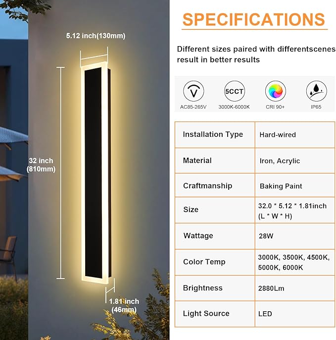 2 Pack 32In Outdoor LED Linear Wall Lights Exterior Lighting Fixtures 5CCT Dimmable Modern Outdoor Linear Wall Sconce IP65 Waterproof Black Long LED Exterior Garage Light for Front Door House
