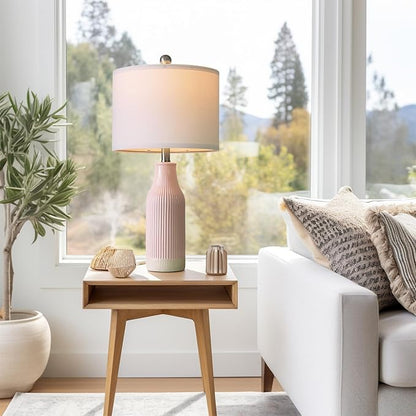 23.75inch Pink Modern Ceramic Bedside Lamp Set of 2 for Bedroom Decor Farmhouse Table Lamp for Living Room Office Dorm