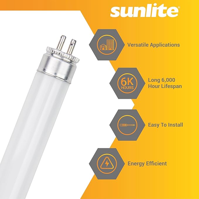 Sunlite 12-Inch F8T5/WW T5 Linear Fluorescent Lamp, 8 Watts, 380 Lumens, 2700K Soft White, Miniature G5 Bi-Pin Base, ROHS Compliant, High Performance Straight Tube, 10 Pack