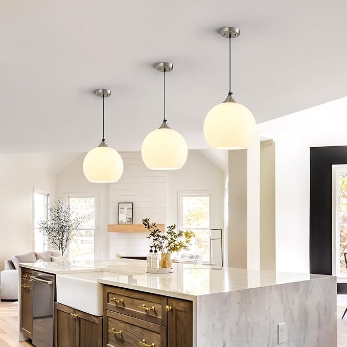 Milky Luster Glass Pendant Lights Kitchen Island Globe Pendant Light Fixtures Modern Pendant Lighting for Bedroom Living Dining Room Light Fixture (7.87 in, 3 Pack)
