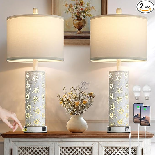 Set of 2 Rustic Table Lamps for Living Room Bedroom, Vintage Farmhouse Nightstand Lamp with 2 USB Ports, Hollow Out Metel Lamp for End Table with Nightlight (Retro White)