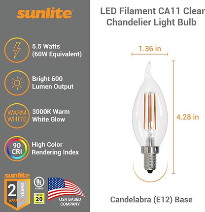 Sunlite LED Filament CA11 Flame Tip Chandelier Light Bulb, 5.5 Watts (60W=), 600 Lumens, Candelabra Base (E12), Edison Style, 90 CRI, Dimmable, UL Listed, 3000K Warm White, 12 Count