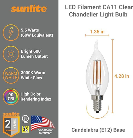 Sunlite LED Filament CA11 Flame Tip Chandelier Light Bulb, 5.5 Watts (60W=), 600 Lumens, Candelabra Base (E12), Edison Style, 90 CRI, Dimmable, UL Listed, 3000K Warm White, 12 Count