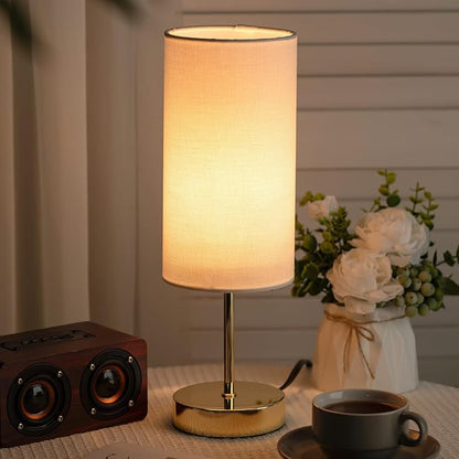 Small Nightstand Table Lamp for Bedroom, Round White Fabric Shade and Gold Metal Base, Modern Minimalist Bedside Lamps for Dresser, Living Room, Office, College Dorm, Warm Light, 5W LED Bulb Included