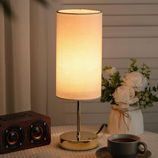Small Nightstand Table Lamp for Bedroom, Round White Fabric Shade and Gold Metal Base, Modern Minimalist Bedside Lamps for Dresser, Living Room, Office, College Dorm, Warm Light, 5W LED Bulb Included