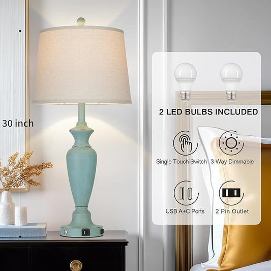 30" Tall Metal Table Lamps Set of 2, Touch Control Bedside Lamps for Bedroom Nightstand, 3-Way Dimmable Farmhouse Lamp for Living Room with Charging Ports, Retro Blue (2 LED Bulbs Included)