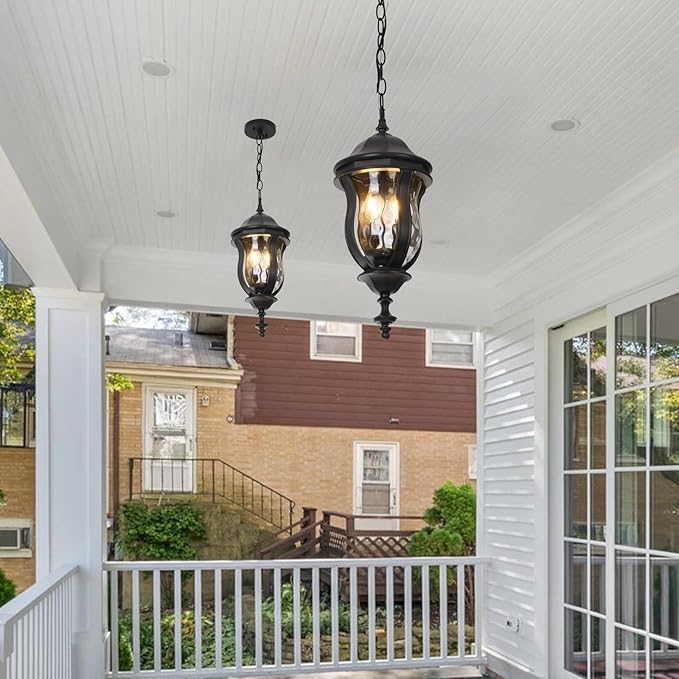Large Outdoor Pendant Light Fixtures, 19.1'' Exterior Hanging Lantern Porch Light Adjustable, Black Hanging Lamp Farmhouse Exterior Chandelier Ceiling Mount for Entrance Patio