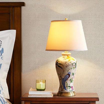 PURESILKS White Ceramics Table Lamp 25.5" Chinoiserie Lamp Flower and Bird Table Lamp American Handmade Beige Linen Drum Shade Decor for Living Room Bedroom
