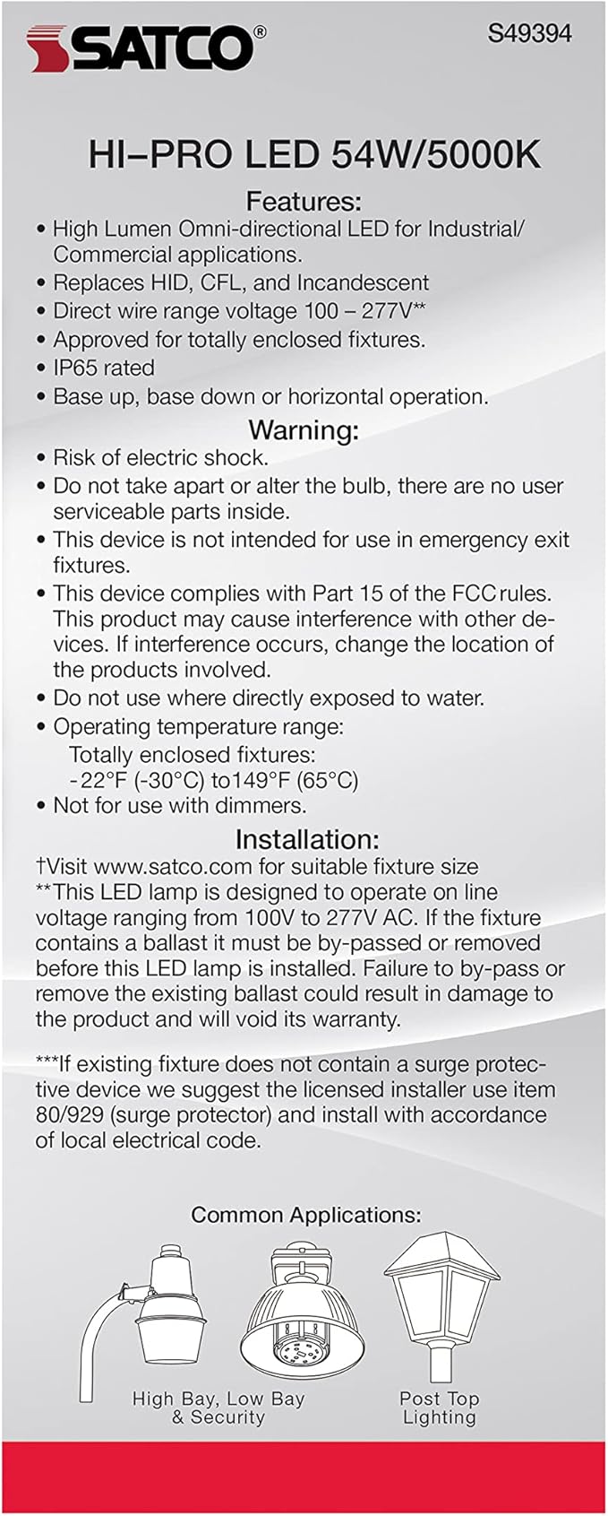 Satco S49394 Hi-Pro High Lumen LED Corncob Light Bulb, HID Replacement, 54 Watts, White
