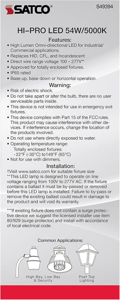 Satco S49394 Hi-Pro High Lumen LED Corncob Light Bulb, HID Replacement, 54 Watts, White