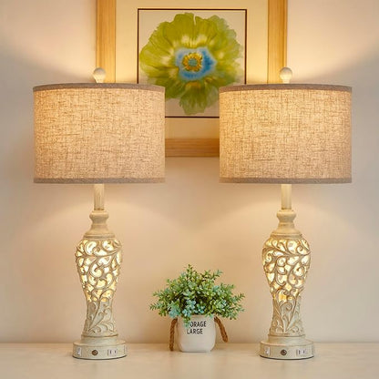 26" Single Farmhouse Table Lamp - 2 USB A+C 3-Way Dimmable Touch Lamps with Nightlight for Living Room Bedroom Lamp Bedside Nightstand Lamps