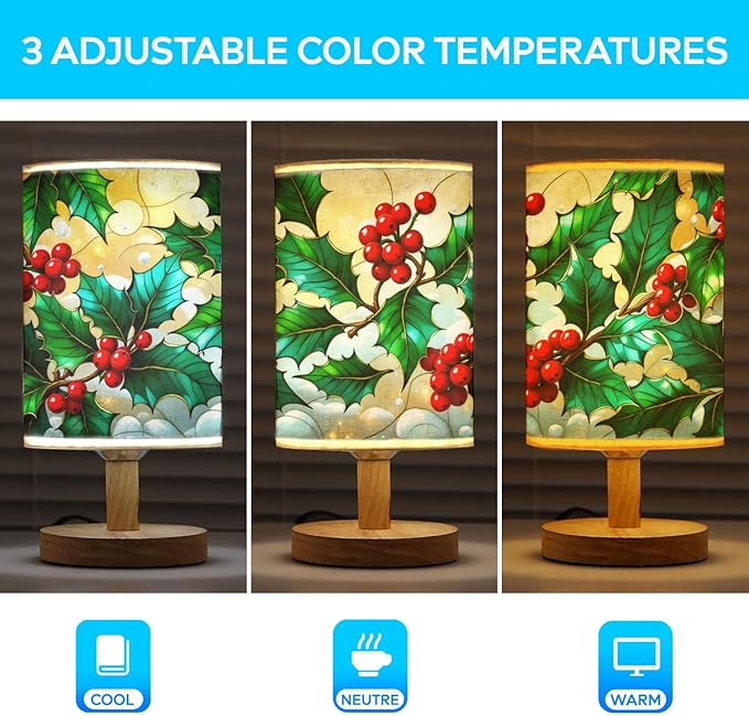Holly Table Lamp LED 3-Color Pressed Bedside, Holly Shade Lamp with Wood Base for Bedroom Living Room Desk Office