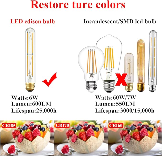 Arberlic 7.3 Inch T10 LED Bulb,6W Tubular Light Bulb Equivalent E26 led Bulb 60 watt dimmable,Warm White 2700K,600lm,CRI85+,AC120V,Clear Glass Long E26 Edison Bulb,Flicker-Free,Pack of 6