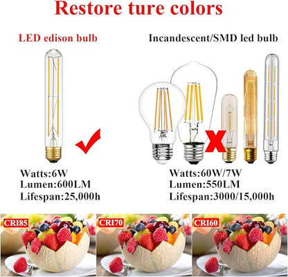 Arberlic 7.3 Inch T10 LED Bulb,6W Tubular Light Bulb Equivalent E26 led Bulb 60 watt dimmable,Warm White 2700K,600lm,CRI85+,AC120V,Clear Glass Long E26 Edison Bulb,Flicker-Free,Pack of 6
