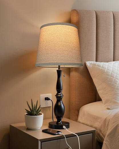 EppieBasic Farmhouse Lamps for Living Room Set of 2: Rustic Lamp 22'' for Night Stands, Vintage Table Lamp with USB C+A Charging Ports, Bedroom Lamps with Round Fabric Linen Lampshade, 3-Way Dimmable