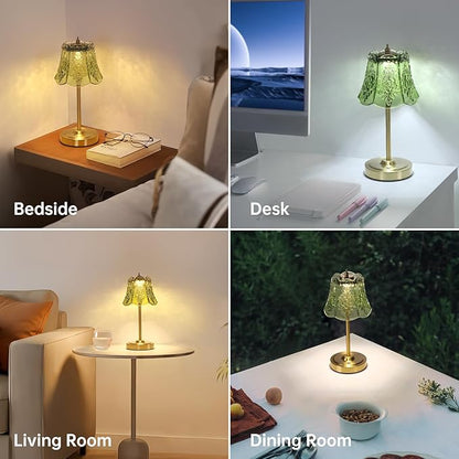 Small Table Lamp with 5200mAh Battery & Touch Control - 3 Adjustable Color Temperatures, Dimmable Rechargeable Table Lamps for Living Room, Bedroom, Bedside (Green Rose)