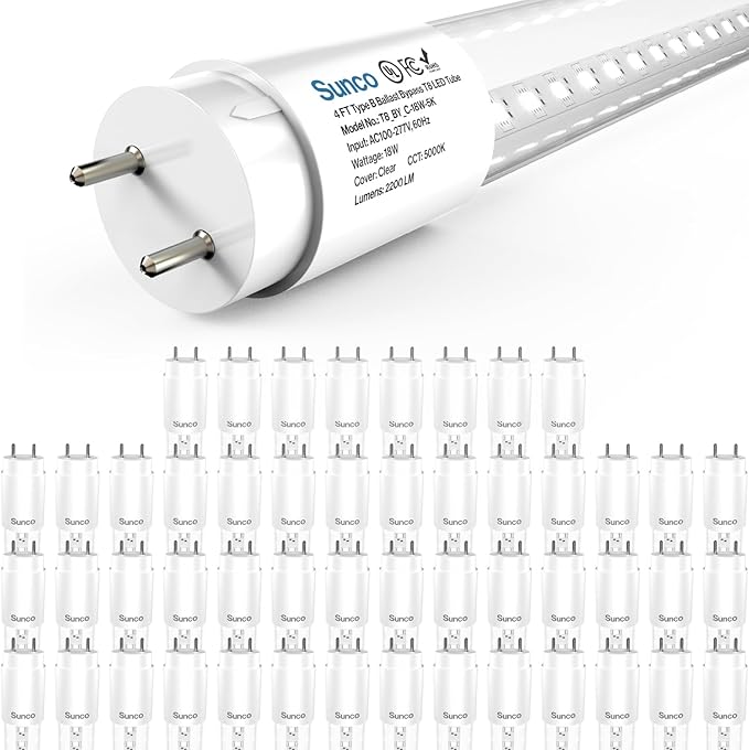 Sunco Lighting 50 Pack T8 LED 4FT Tube Light Bulbs Ballast Bypass Fluorescent Replacement 5000K Daylight, 18W, Clear Cover, Retrofit, Single Ended Power (SEP), Commercial Grade - UL, DLC 50 Pack