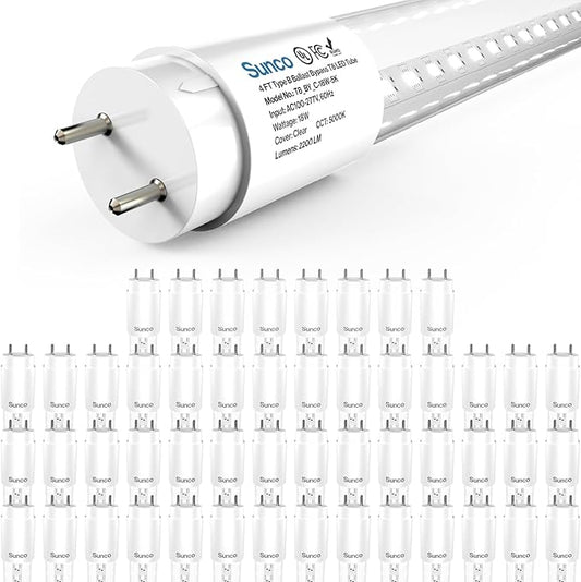 Sunco Lighting 50 Pack T8 LED 4FT Tube Light Bulbs Ballast Bypass Fluorescent Replacement 5000K Daylight, 18W, Clear Cover, Retrofit, Single Ended Power (SEP), Commercial Grade - UL, DLC 50 Pack