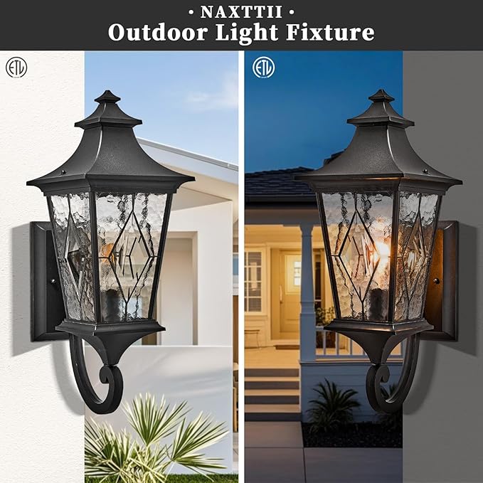 Outdoor Wall Lanterns Exterior Waterproof Wall Sconce Light Fixture 29.3 Inch Large Outdoor Porch Light with Water Ripple Glas for Garage Patio and Doorway Black Finish