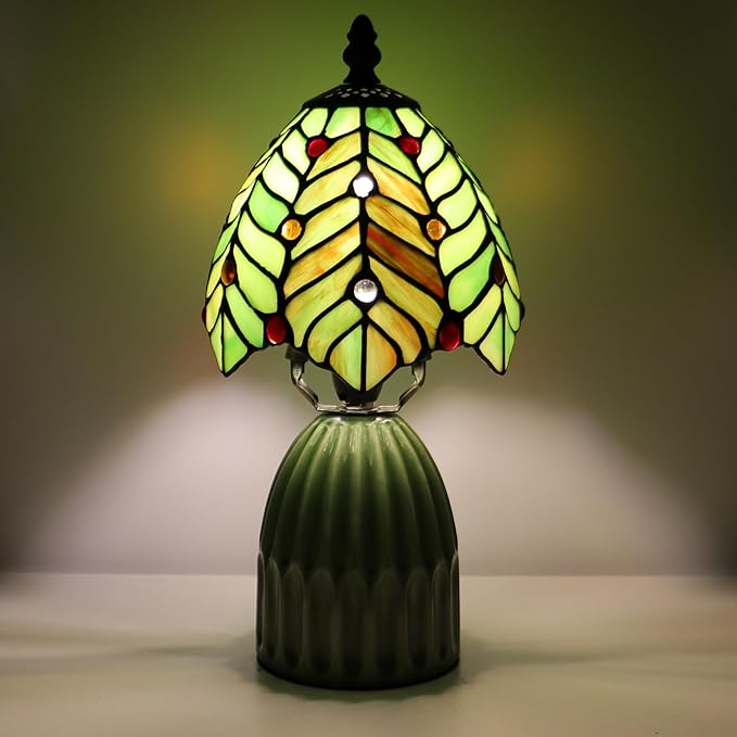 Stained Glass Mushroom Table Lamps 6X6X12.5 Inch Green Coconut Leave Style Small Night Light Ceramic Base Mini Accent Desk Light Suitable for Bedside Table Bedroom Children Room