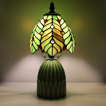 Stained Glass Mushroom Table Lamps 6X6X12.5 Inch Green Coconut Leave Style Small Night Light Ceramic Base Mini Accent Desk Light Suitable for Bedside Table Bedroom Children Room