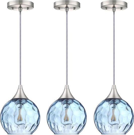 6.3" Texture Blue Glass Pendant Light 3 Pack Pendant Ceiling Light Fixture Brushed Nickel Finish Modern Farmhouse Dinning Over Sink Adjustable Height Cord