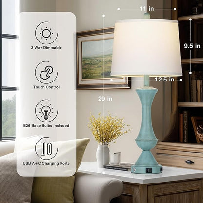 29" Coastal Tall Blue Table Lamps Set of 2 for Living Room, Touch Control Bedroom Lamps for Nightstand, 3-Way Dimmable Bedside Lamp with USB A+C Ports & AC Outlets (2 LED Bulbs Included)