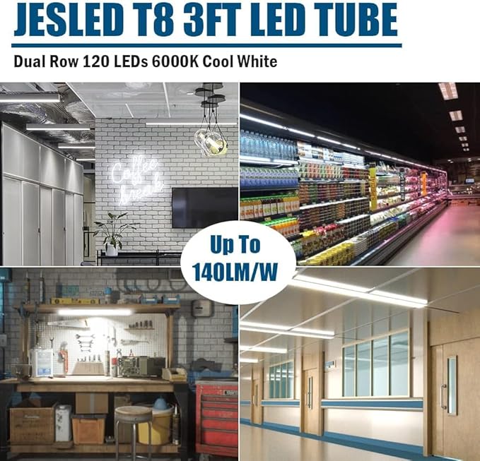 JESLED T8 LED Tube Light 3FT, 2520LM, 18W(45W Equivalent), 6000K, Ballast Bypass, 36 Inch F25T8 Fluorescent Bulb Replacement, Dual Ended, 36” Lighting Tube Fixture (4-Pack)