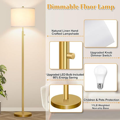 Nintiue 【Upgraded】 Dimmable Floor Lamp for Living Room, 11W LED Bulb Included, Modern Standing Lamp, Tall Pole Light with Linen Shade for Bedroom Reading Office Corner Nursery-Gold