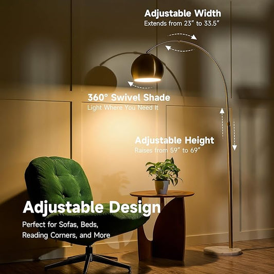CO-Z 69" Modern Arc Floor Lamp, Gold Standing Light with Adjustable Metal Shade and Marble Base, LED Bulb Included, Contemporary Lighting for Living Room or Sofa