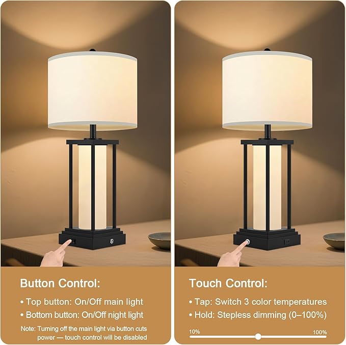 Living Room Table Lamps Set of 2, Bedside Lamps, 26.8‘’ Modern Table Lamps, Night Stand Lamp, Table Lamp with USB Port, 3 Color Temperatures, Stepless Dimming(Bulbs Included)