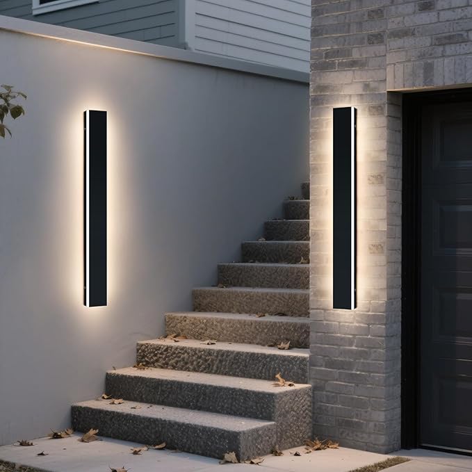 Upgrade Widened 2 Pack 57inch LED Outdoor Wall Lights, Modern Outside Lighting Fixture, 3000K Warm White, IP65 Waterproof, 50W, Black Minimalist Wall Mount Sconce for House, Yard, Fence