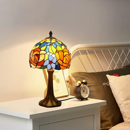 Tiffany Table Lamp Romantic Double-Color Roses Handmade Stained Glass Desk Lamps 8" Wide 15" Tall Vintage Reading Lamp for Office, Living Room, Bedroom, LED Bulb Included