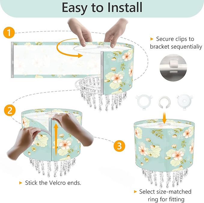 Spring Flower Lamp Shade with Acrylic Bead Droplets, Teal Wild Floral Fabric Light Shade for Pendant Table & Floor Lamps, Nature Decor for Garden Women, 11.8in