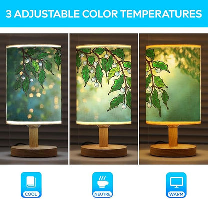 Mistletoe Tree Table Lamp LED 3-Color Pressed Bedside, Mistletoe Tree Shade Lamp with Wood Base for Bedroom Living Room Desk Office