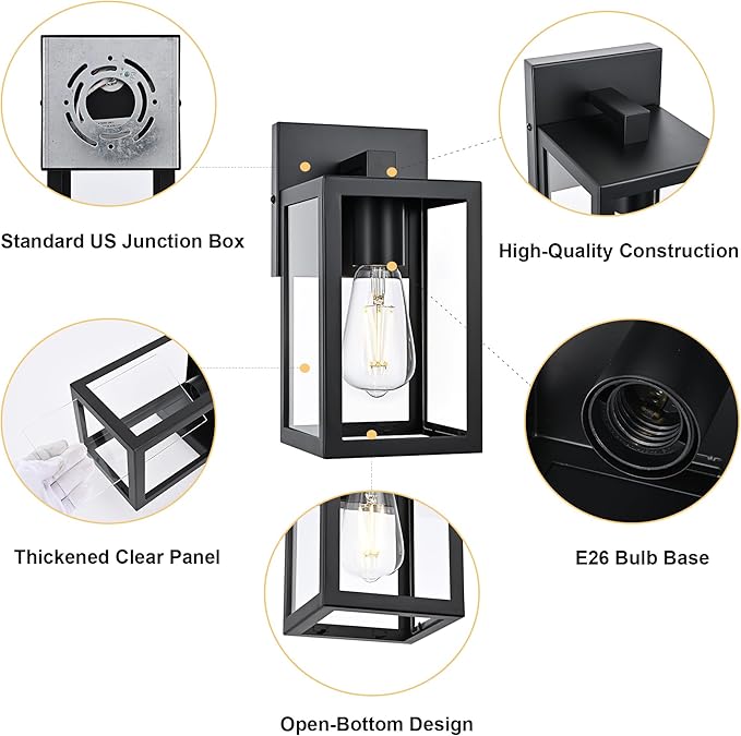 TODOLUZ 2-Pack Outdoor Wall Sconce, 1-Light Black Waterproof Porch Wall Light Fixture for Front Door Patio Garage Doorway, E26 Bulb Base