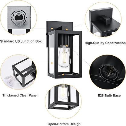 TODOLUZ 2-Pack Outdoor Wall Sconce, 1-Light Black Waterproof Porch Wall Light Fixture for Front Door Patio Garage Doorway, E26 Bulb Base