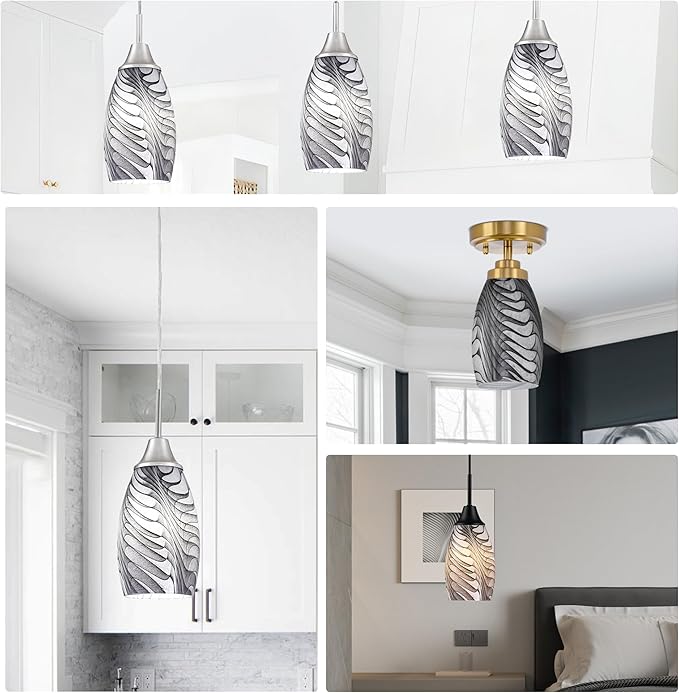 Black Gray Oval Glass Lamp Shade Only Art Marble Glass Light Shades for Kitchen Island pendant Lights Covers Light Fixture Replacement for Mini Pendant Ceiling Lights Chandelier 1pack